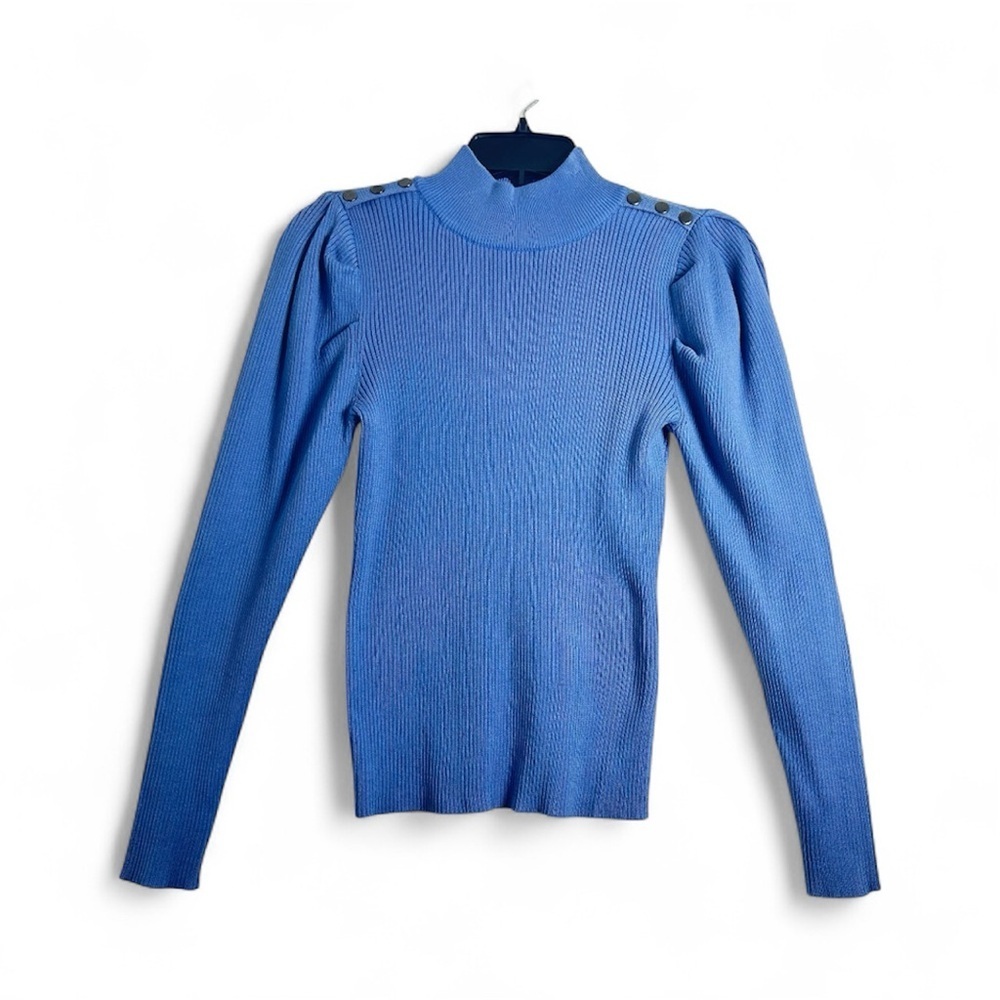 Tahari Strechy Turtleneck Puffer Long Sleeves Sweater with Silver Button Accents